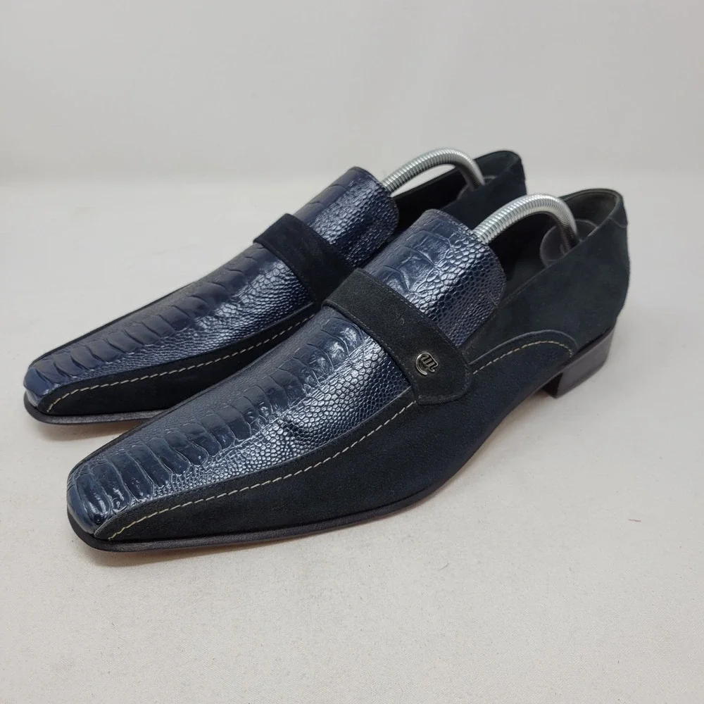 Mauri Shoes Mens 8 Italy Navy Blue Genuine Ostrich Leg Suede Loafers Dress